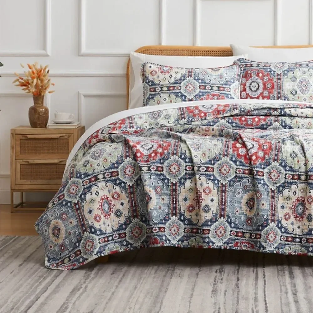 Boho Batik Style Bohemian Print Muted Block Oversized Queen Quilt Set